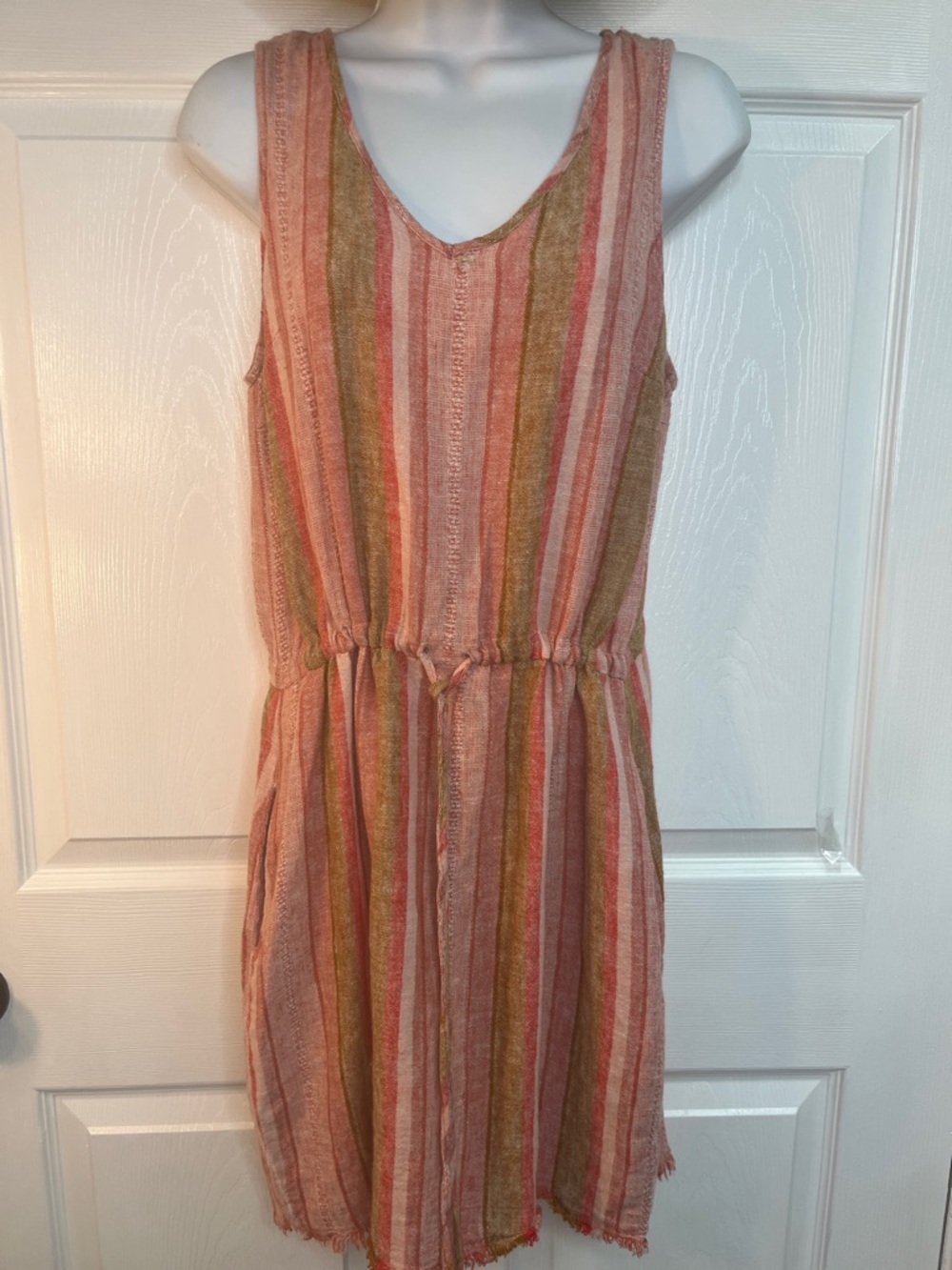 Linen Blend Sleeveless Dress Striped with Pockets and Drawstring Waist Size Med